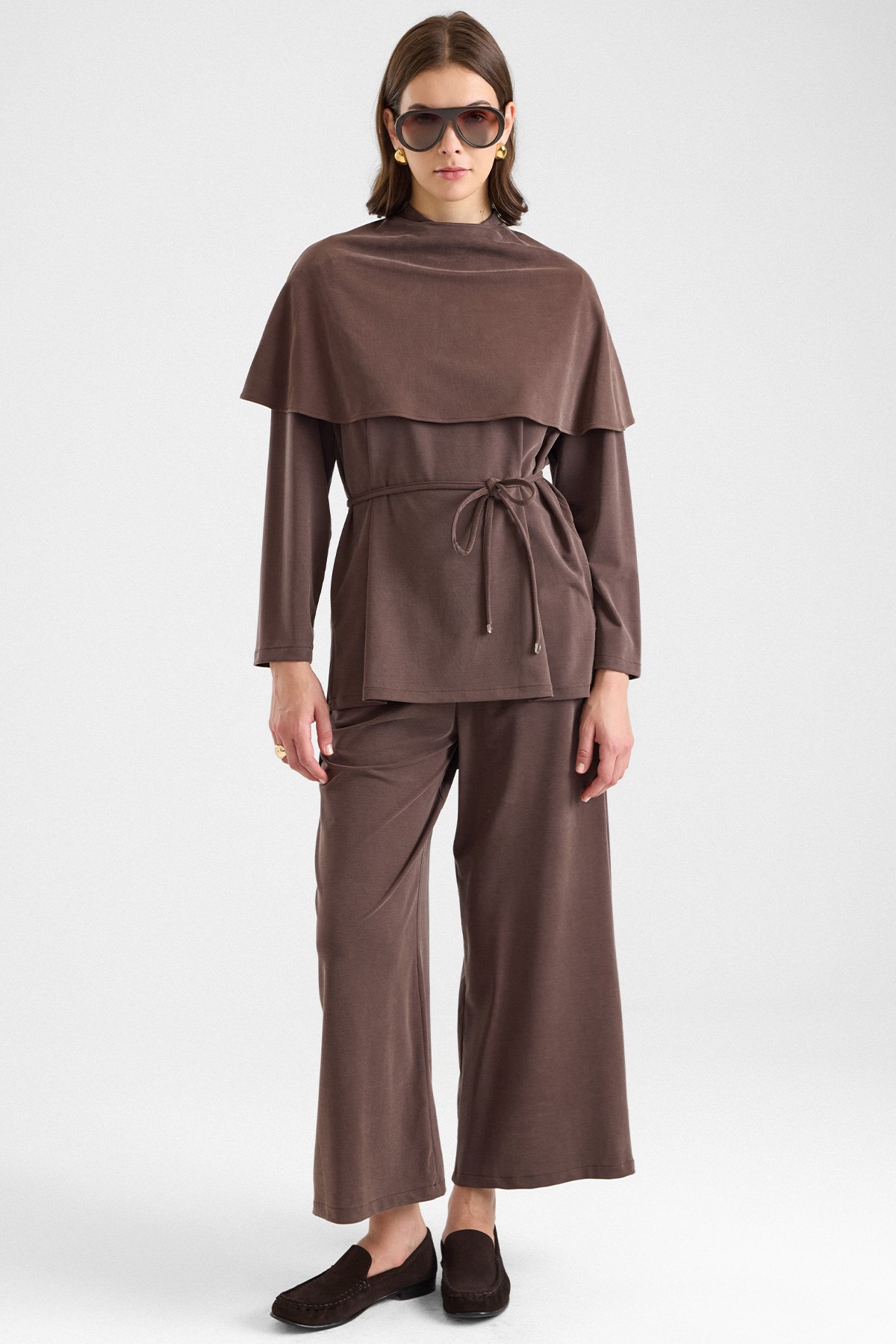 Şal Aksesuarlı Premium Kumaş Tunik Pantolon KAHVE 9470-TK