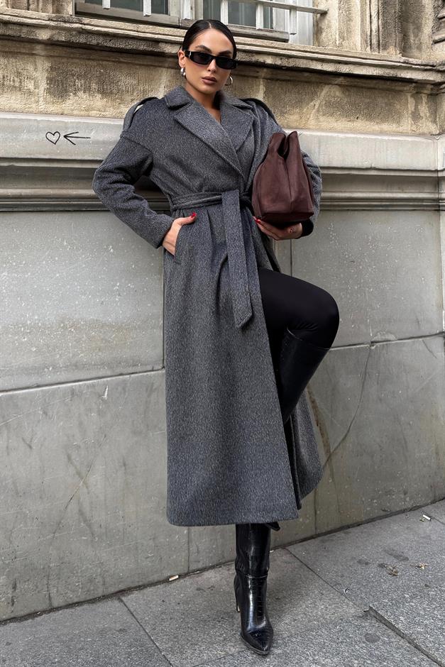 Apolet Detaylı Çıt Çıt Kapamalı Oversize Moher Kaban ANTRASİT 3147