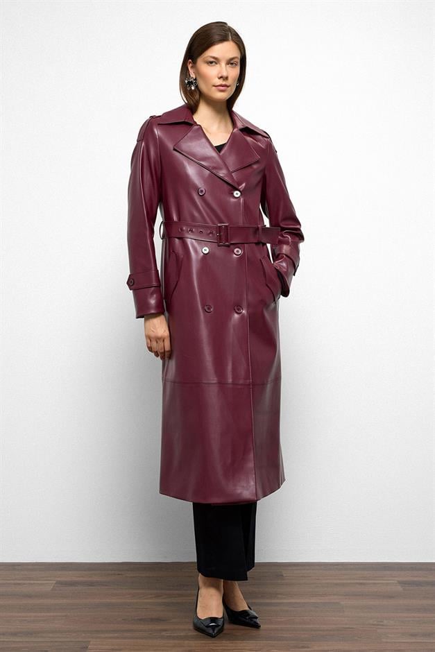 Double-Breasted Leather Trench Coat with Epaulette Detail CLARET RED 6756