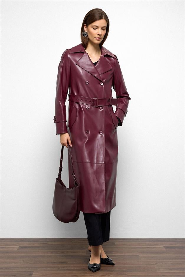 Double-Breasted Leather Trench Coat with Epaulette Detail CLARET RED 6756