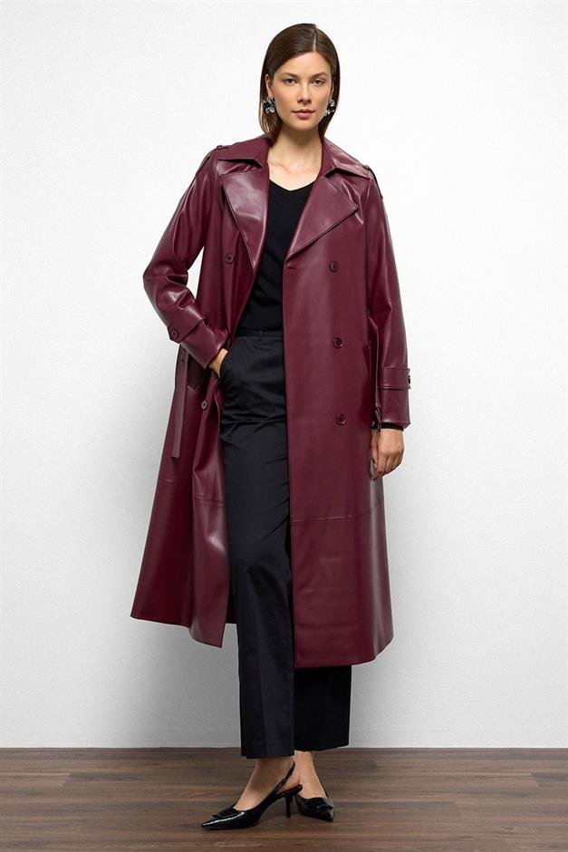 Double-Breasted Leather Trench Coat with Epaulette Detail CLARET RED 6756