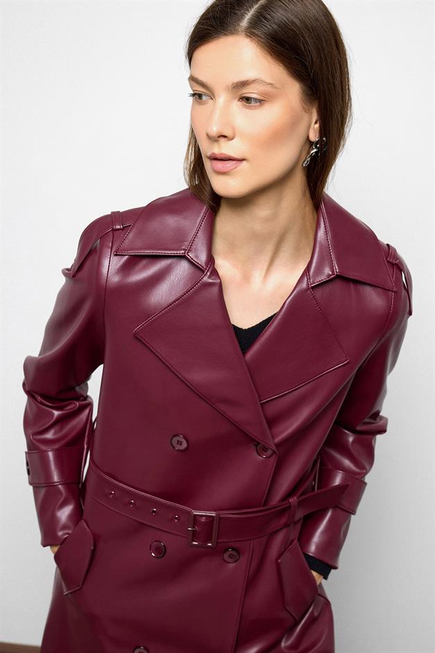 Double-Breasted Leather Trench Coat with Epaulette Detail CLARET RED 6756