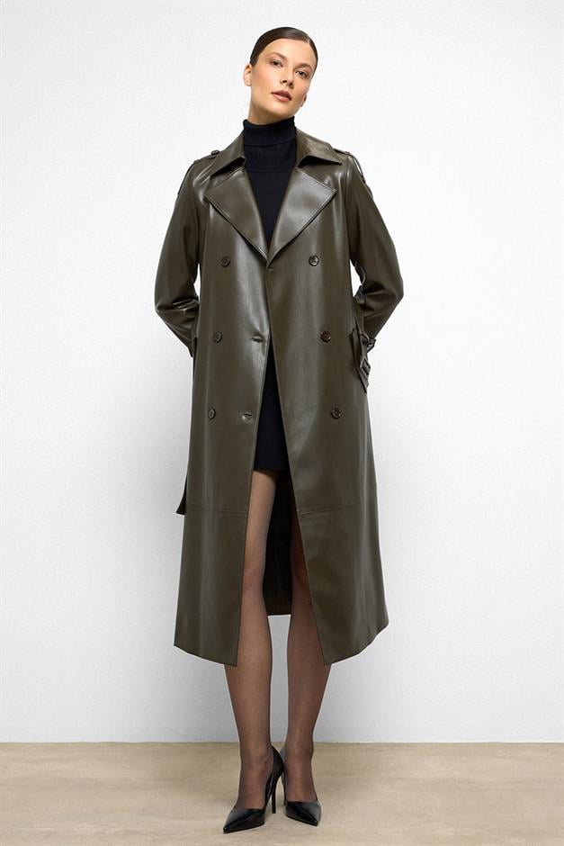 Double-Breasted Leather Trench Coat with Epaulette Detail DRAB 6756