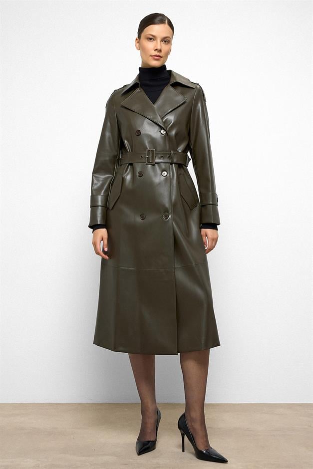 Double-Breasted Leather Trench Coat with Epaulette Detail DRAB 6756