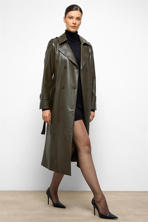 Double-Breasted Leather Trench Coat with Epaulette Detail DRAB 6756