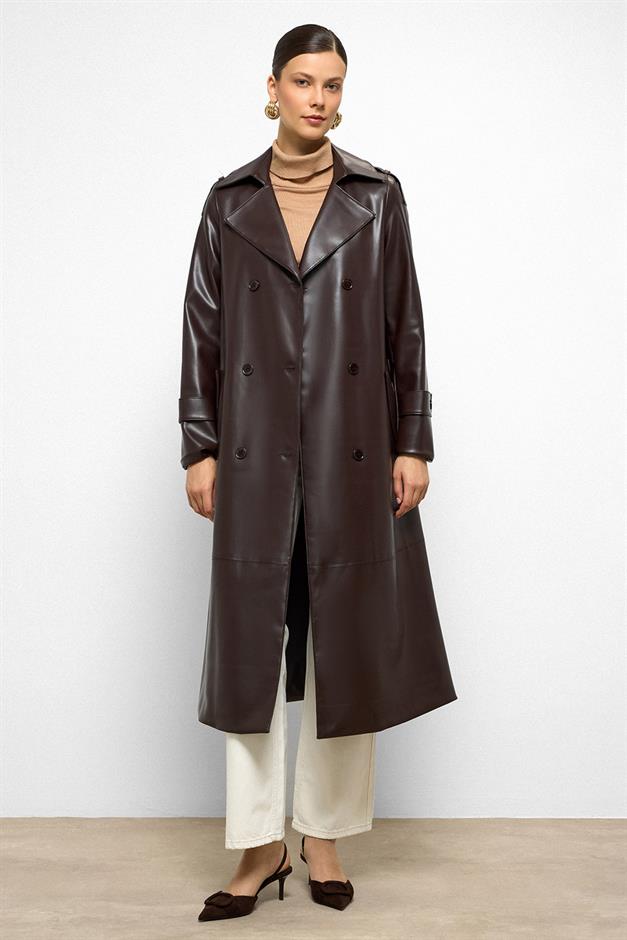 Double-Breasted Leather Trench Coat with Epaulette Detail Black Coffee 6756
