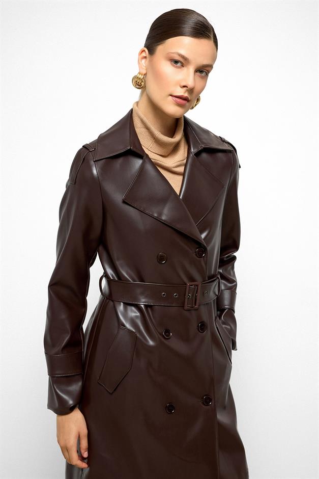 Double-Breasted Leather Trench Coat with Epaulette Detail Black Coffee 6756