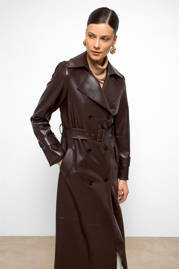 Double-Breasted Leather Trench Coat with Epaulette Detail Black Coffee 6756