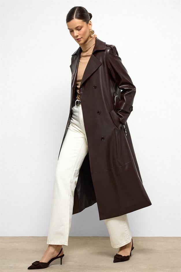 Double-Breasted Leather Trench Coat with Epaulette Detail Black Coffee 6756