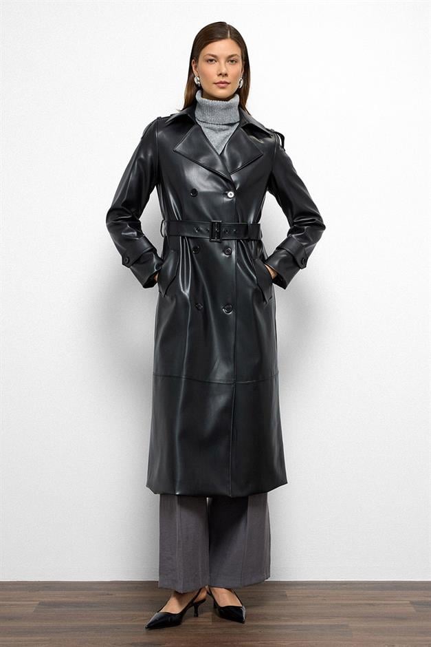 Double-Breasted Leather Trench Coat with Epaulette Detail BLACK 6756