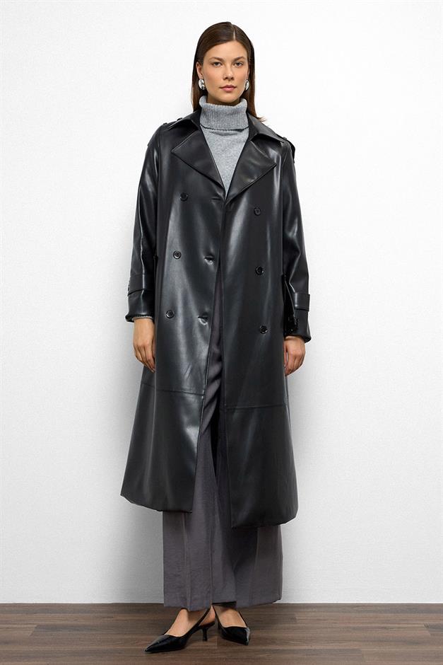 Double-Breasted Leather Trench Coat with Epaulette Detail BLACK 6756