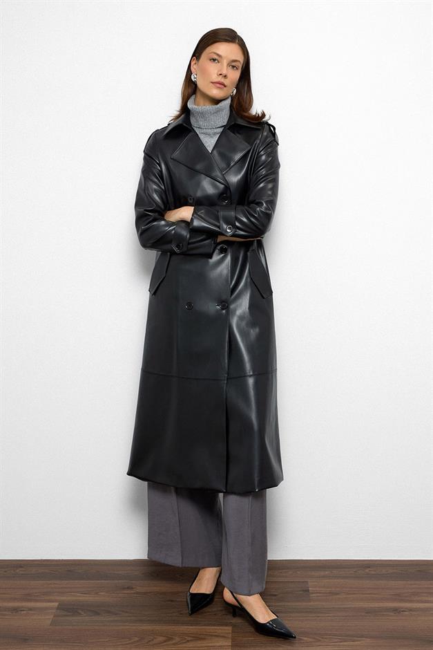 Double-Breasted Leather Trench Coat with Epaulette Detail BLACK 6756