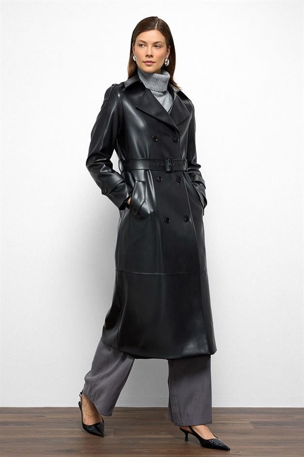 Double-Breasted Leather Trench Coat with Epaulette Detail BLACK 6756
