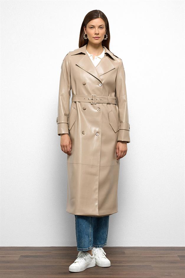 Double-Breasted Leather Trench Coat with Epaulette Detail STONE 6756