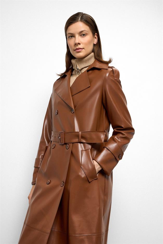 Double-Breasted Leather Trench Coat with Epaulette Detail CAMEL 6756