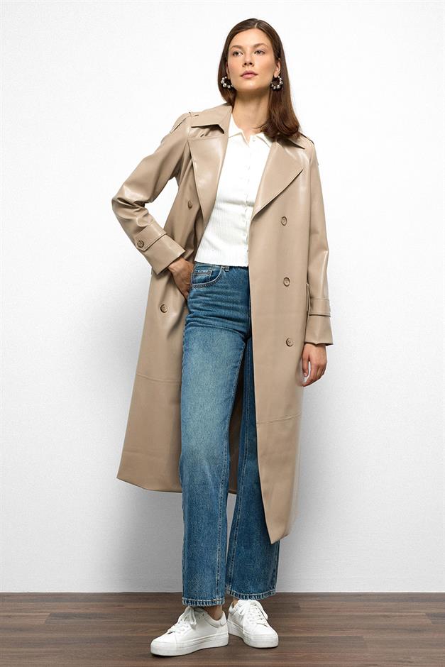 Double-Breasted Leather Trench Coat with Epaulette Detail STONE 6756