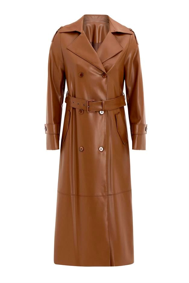 Double-Breasted Leather Trench Coat with Epaulette Detail CAMEL 6756
