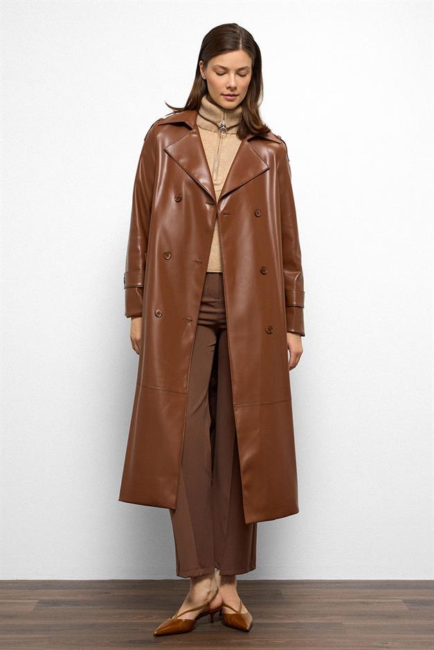 Double-Breasted Leather Trench Coat with Epaulette Detail CAMEL 6756