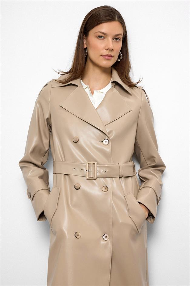 Double-Breasted Leather Trench Coat with Epaulette Detail STONE 6756