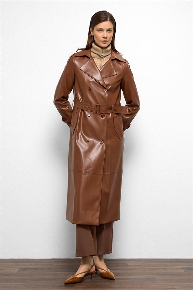 Double-Breasted Leather Trench Coat with Epaulette Detail CAMEL 6756