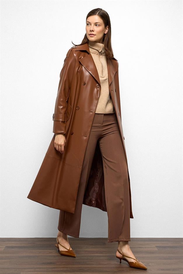 Double-Breasted Leather Trench Coat with Epaulette Detail CAMEL 6756