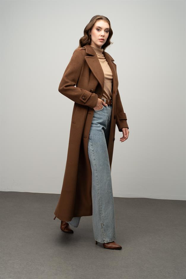 Double-Breasted Long Coat with Epaulette Detail TOBACCO 3056
