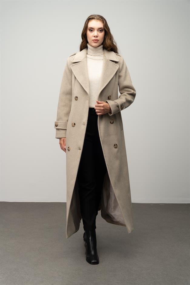 Double-Breasted Long Coat with Epaulette Detail STONE 3056