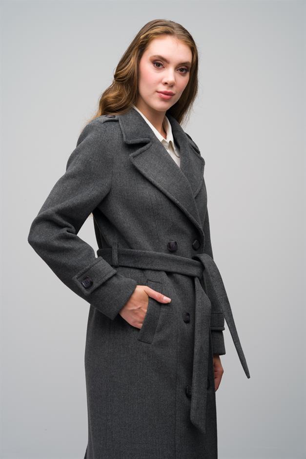 Double-Breasted Long Coat with Epaulette Detail DARK GREY 3056