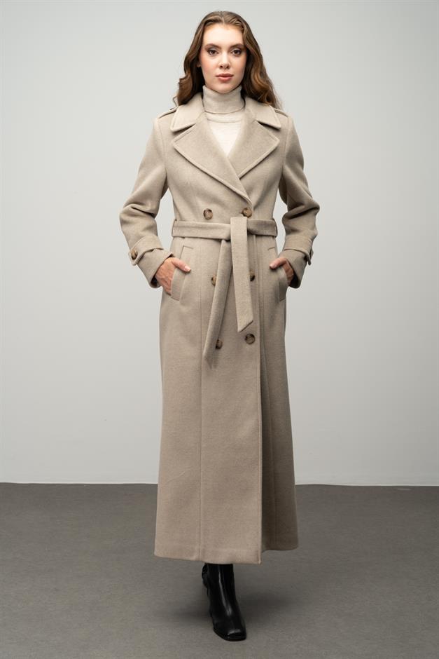 Double-Breasted Long Coat with Epaulette Detail STONE 3056