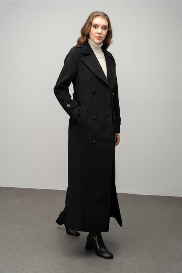 Double-Breasted Long Coat with Epaulette Detail BLACK 3056