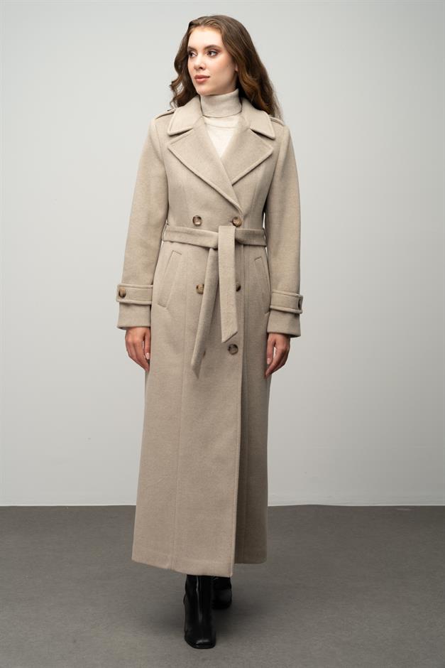 Double-Breasted Long Coat with Epaulette Detail STONE 3056
