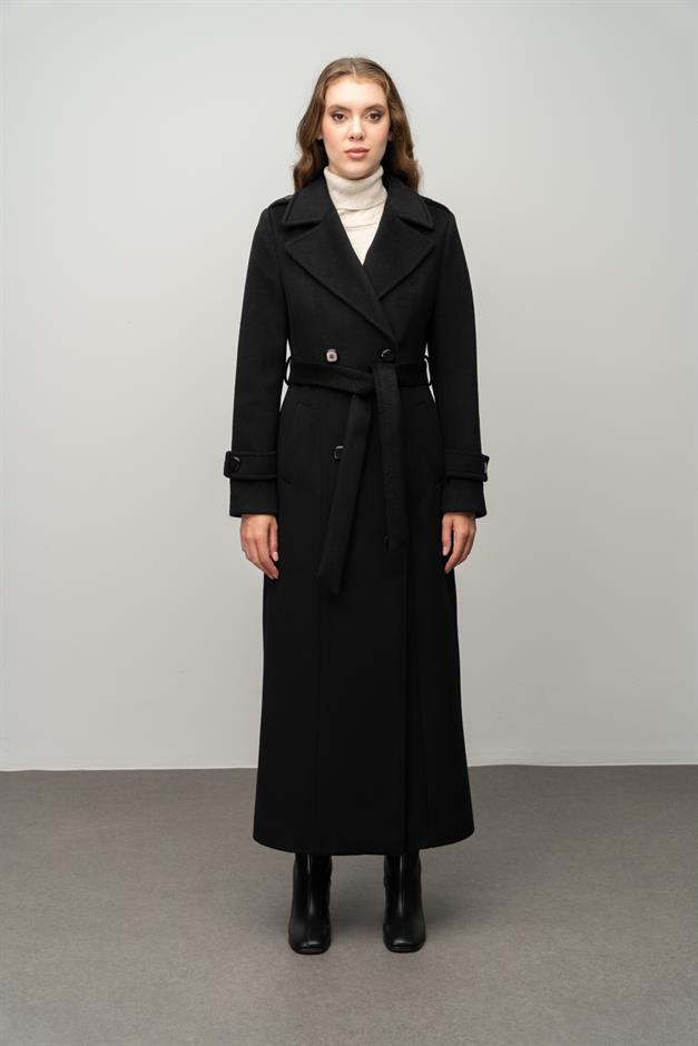 Double-Breasted Long Coat with Epaulette Detail BLACK 3056