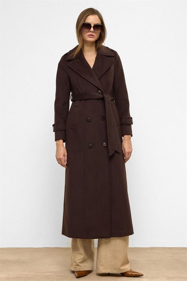 معطف طويل مزدوج الصدر مع تفاصيل الكتف قهوة 3056