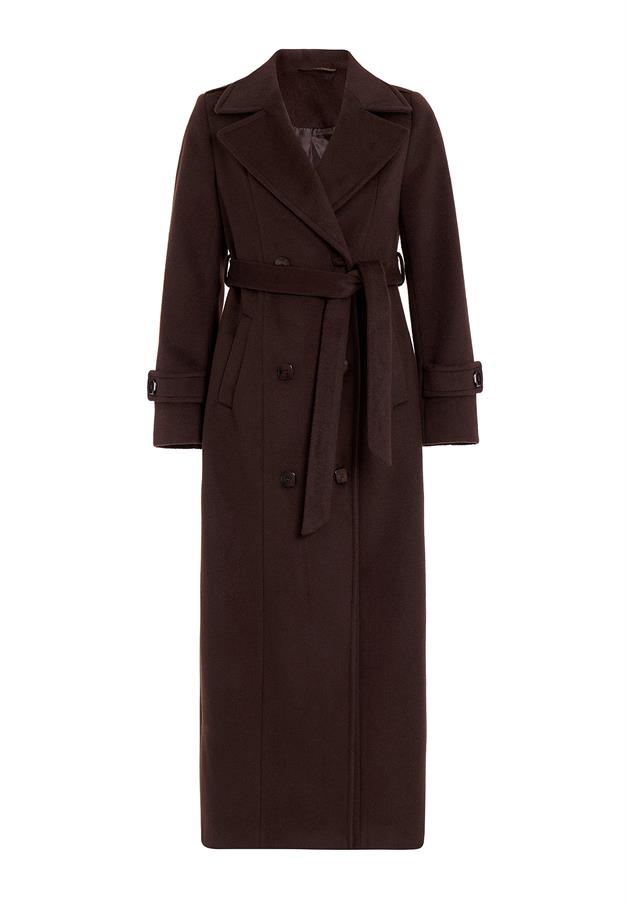 معطف طويل مزدوج الصدر مع تفاصيل الكتف قهوة 3056