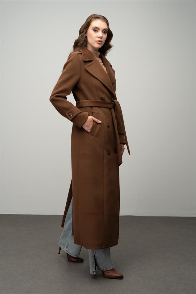 Double-Breasted Long Coat with Epaulette Detail TOBACCO 3056