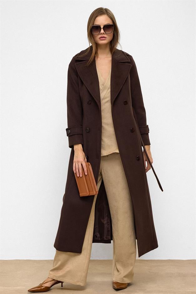 معطف طويل مزدوج الصدر مع تفاصيل الكتف قهوة 3056