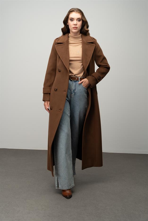 Double-Breasted Long Coat with Epaulette Detail TOBACCO 3056