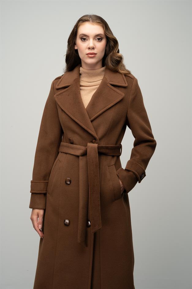 Double-Breasted Long Coat with Epaulette Detail TOBACCO 3056