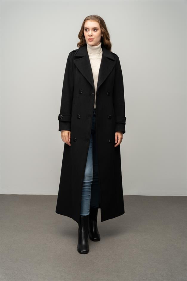 Double-Breasted Long Coat with Epaulette Detail BLACK 3056