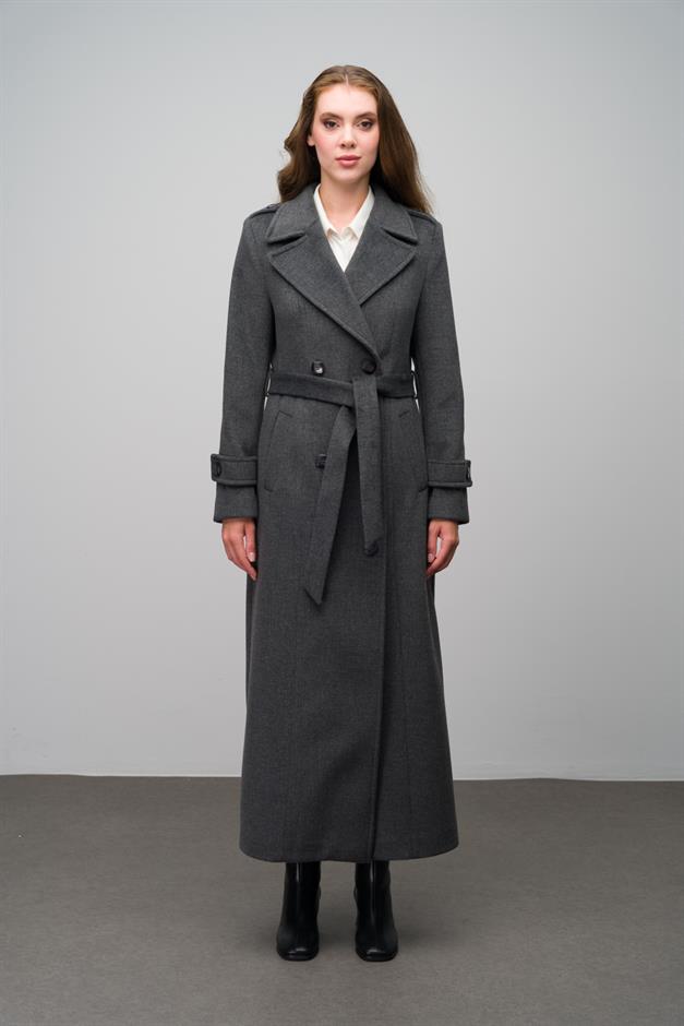 Double-Breasted Long Coat with Epaulette Detail DARK GREY 3056