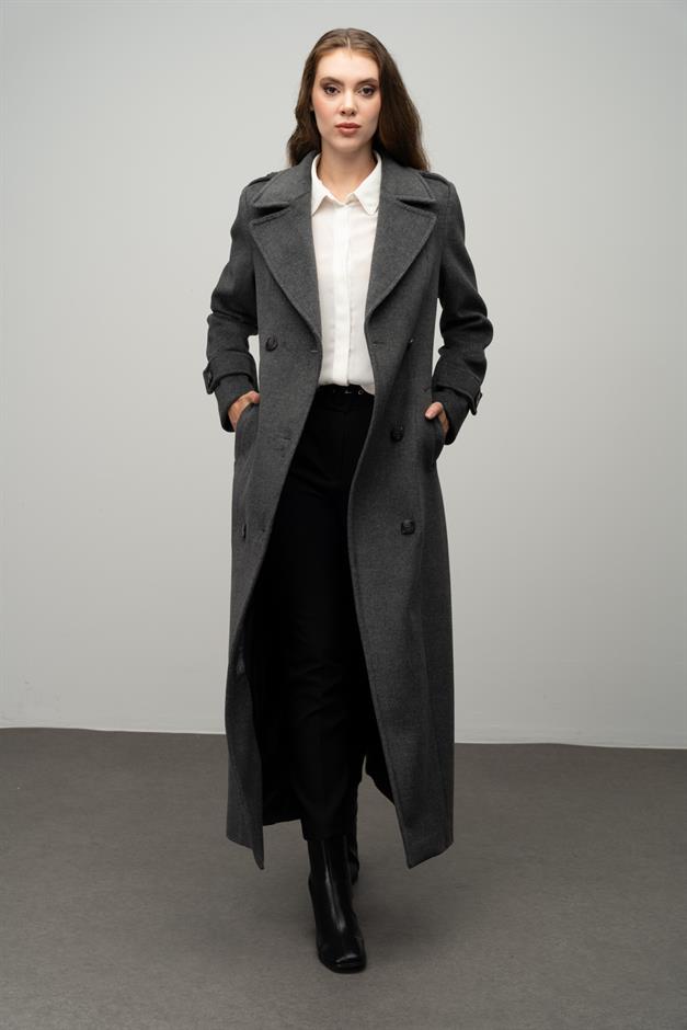 Double-Breasted Long Coat with Epaulette Detail DARK GREY 3056