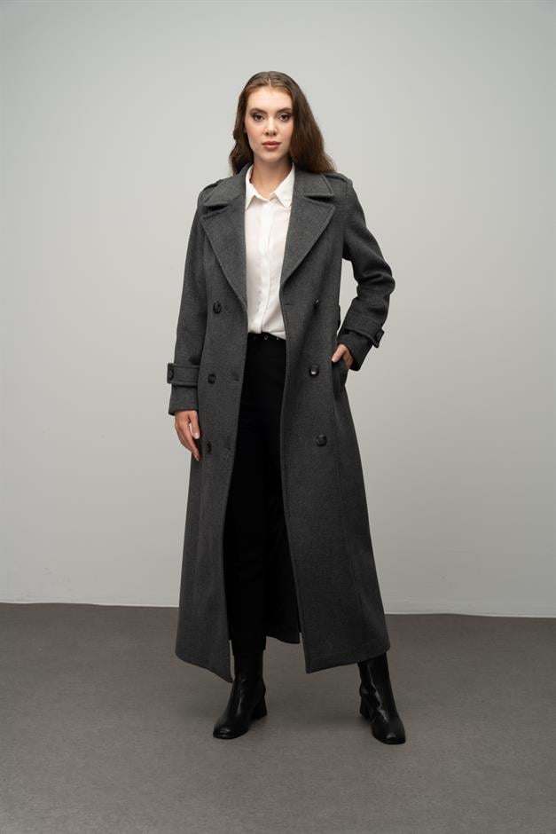 Double-Breasted Long Coat with Epaulette Detail DARK GREY 3056