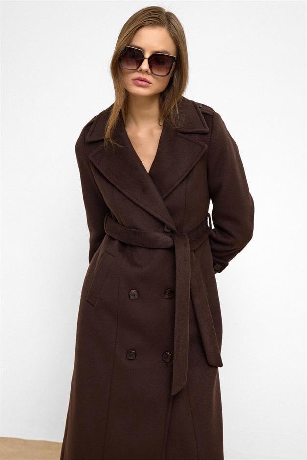معطف طويل مزدوج الصدر مع تفاصيل الكتف قهوة 3056
