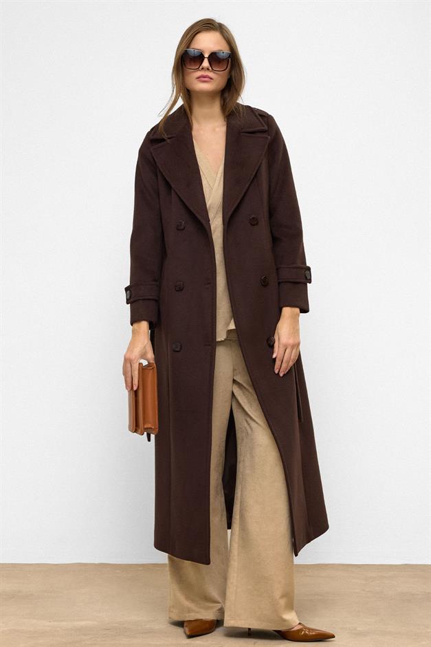 معطف طويل مزدوج الصدر مع تفاصيل الكتف قهوة 3056