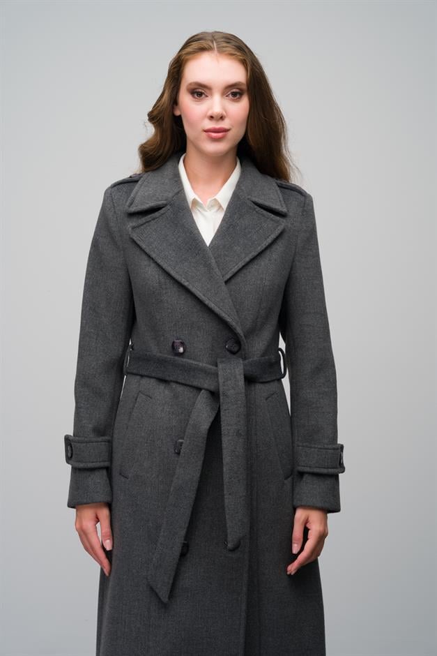 Double-Breasted Long Coat with Epaulette Detail DARK GREY 3056