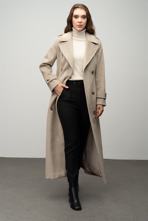 Double-Breasted Long Coat with Epaulette Detail STONE 3056