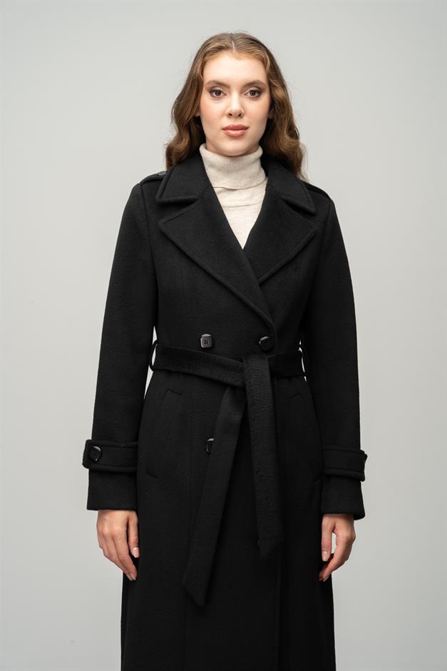 Double-Breasted Long Coat with Epaulette Detail BLACK 3056