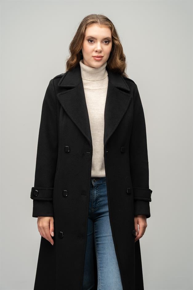 Double-Breasted Long Coat with Epaulette Detail BLACK 3056