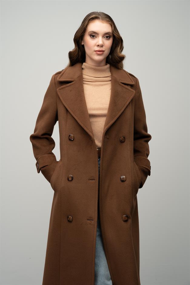 Double-Breasted Long Coat with Epaulette Detail TOBACCO 3056