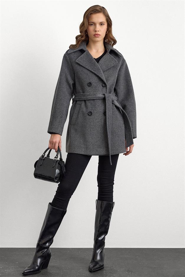 Apolet Detaylı Oversize Kısa Kaban KOYU GRİ 3149